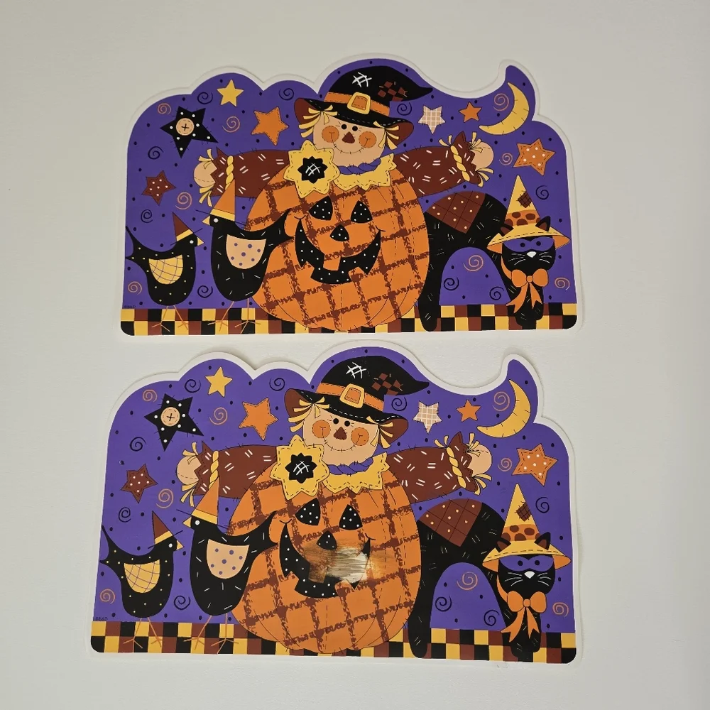 VTG Vinyl Happy Harvest Pumpkin Scarecrow Black Cat Farm Place Mat‎ Set of 2 90s